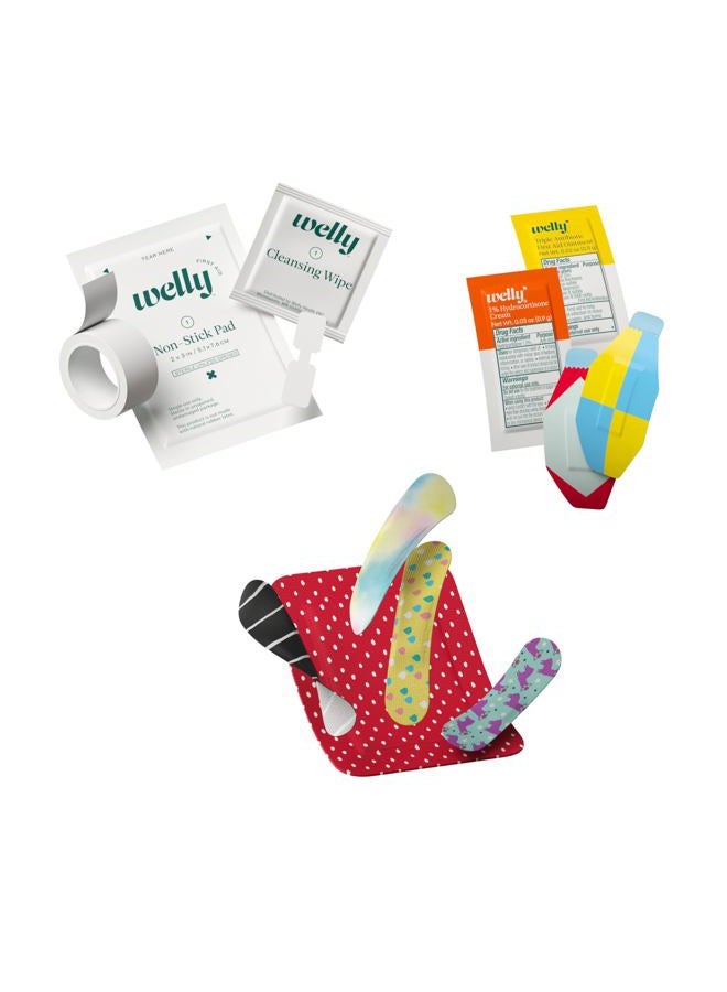 Welly طقم الإسعافات الأولية - لاصقات مرنة وقابلة للماء، شريط ولصقات غير لاصقة، شرائط فراشة، مراهم للاستخدام الفردي مضاد حيوي ثلاثي وهيدروكورتيزون، وإيبوبروفين - 130 قطعة - Image 3