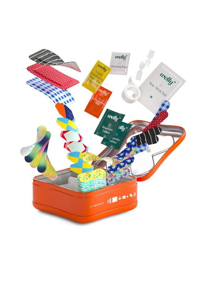 Welly طقم الإسعافات الأولية - لاصقات مرنة وقابلة للماء، شريط ولصقات غير لاصقة، شرائط فراشة، مراهم للاستخدام الفردي مضاد حيوي ثلاثي وهيدروكورتيزون، وإيبوبروفين - 130 قطعة - Image 4