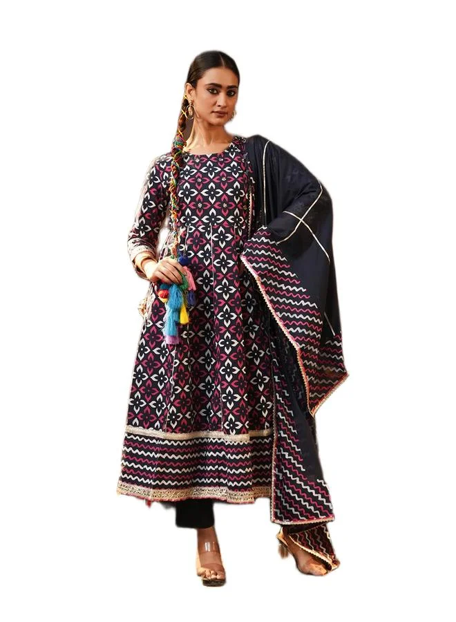 ISHIN Women's Navy Cotton Printed Tunic Upper Calf Length Palazzo Bottom Regular Fit 3 Peice Kurta Set