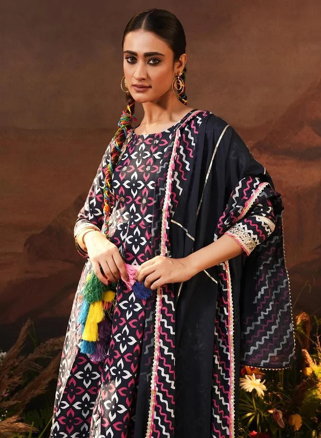 ISHIN Women's Navy Cotton Printed Tunic Upper Calf Length Palazzo Bottom Regular Fit 3 Peice Kurta Set