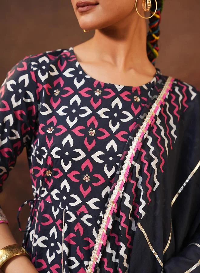 ISHIN Women's Navy Cotton Printed Tunic Upper Calf Length Palazzo Bottom Regular Fit 3 Peice Kurta Set