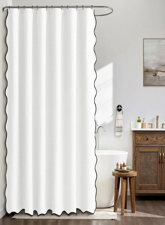 MIULEE 84" Long Scalloped Shower Curtain Linen Textured with 12 Metal Hooks Cute Extra Long Heavy Duty Washable Waterproof Cloth Shower Curtains with Black Border for Bathroom Hotel Bathtub,White - Image 2