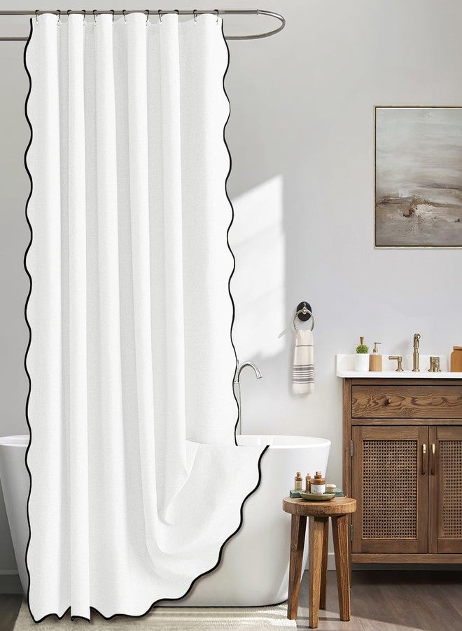 MIULEE 84" Long Scalloped Shower Curtain Linen Textured with 12 Metal Hooks Cute Extra Long Heavy Duty Washable Waterproof Cloth Shower Curtains with Black Border for Bathroom Hotel Bathtub,White - Image 1
