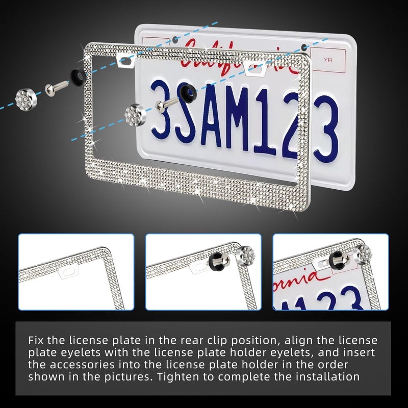 OKLPF 2 Pack White Bling License Plate Frames, Sparkly Diamond Car License Plate Holder, Suitable for Both Men and Women, Come with Screw Cap, Screw,Washer. Easy daily handling design - Image 5