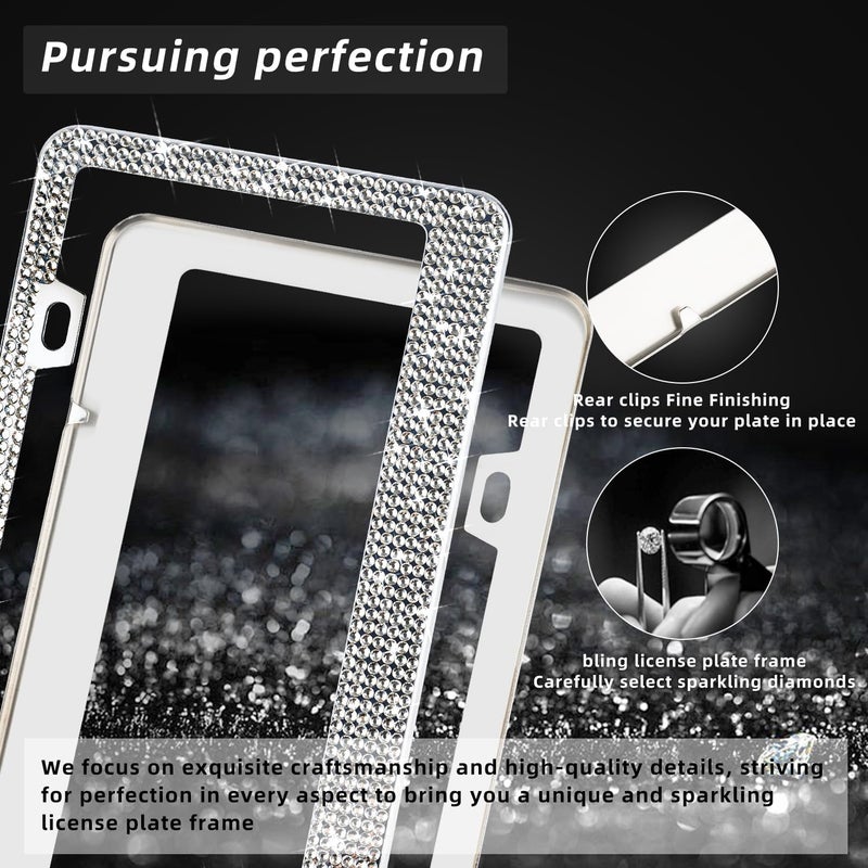 OKLPF 2 Pack White Bling License Plate Frames, Sparkly Diamond Car License Plate Holder, Suitable for Both Men and Women, Come with Screw Cap, Screw,Washer. Easy daily handling design - Image 3