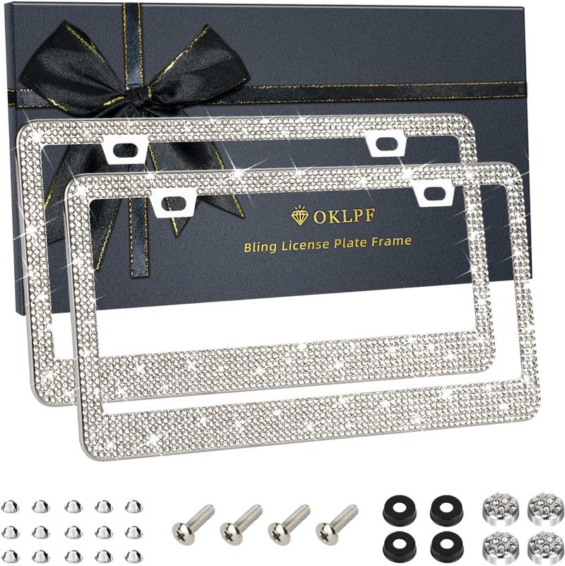 OKLPF 2 Pack White Bling License Plate Frames, Sparkly Diamond Car License Plate Holder, Suitable for Both Men and Women, Come with Screw Cap, Screw,Washer. Easy daily handling design - Image 1