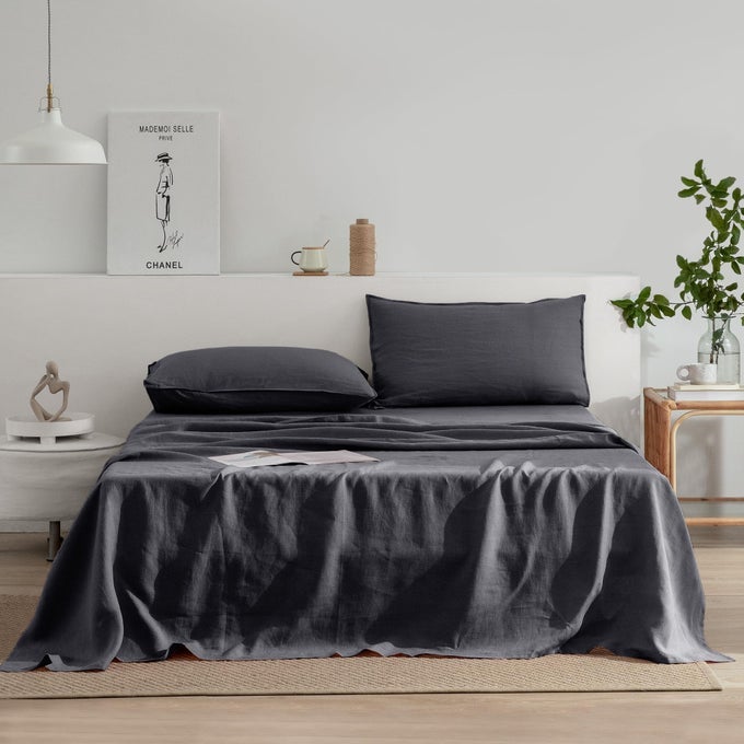 LINEN SHEETS SET KING SIZE100 FRENCH STONEWASH PURE LINEN BED SHEETS4PIECES 1FLAT SHEET1FITTED SHEET2PILLOWCASE SUITABLE FOR HOT SLEEPERSDEEP POCKET NATURAL BEDDING SETDARK GREY