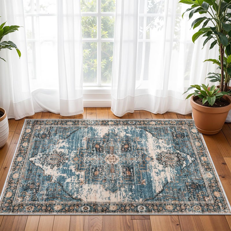 RUUGME 2x3 Area Rugs Indoor - Large Boho Rugs for Living Room Stain Resistant Carpet Vintage Tribal Rugs for Bedroom Kitchen Bathroom with Non Slip Backing Home Decor Floor Decoration Mat 2x3 Blue - Image 3