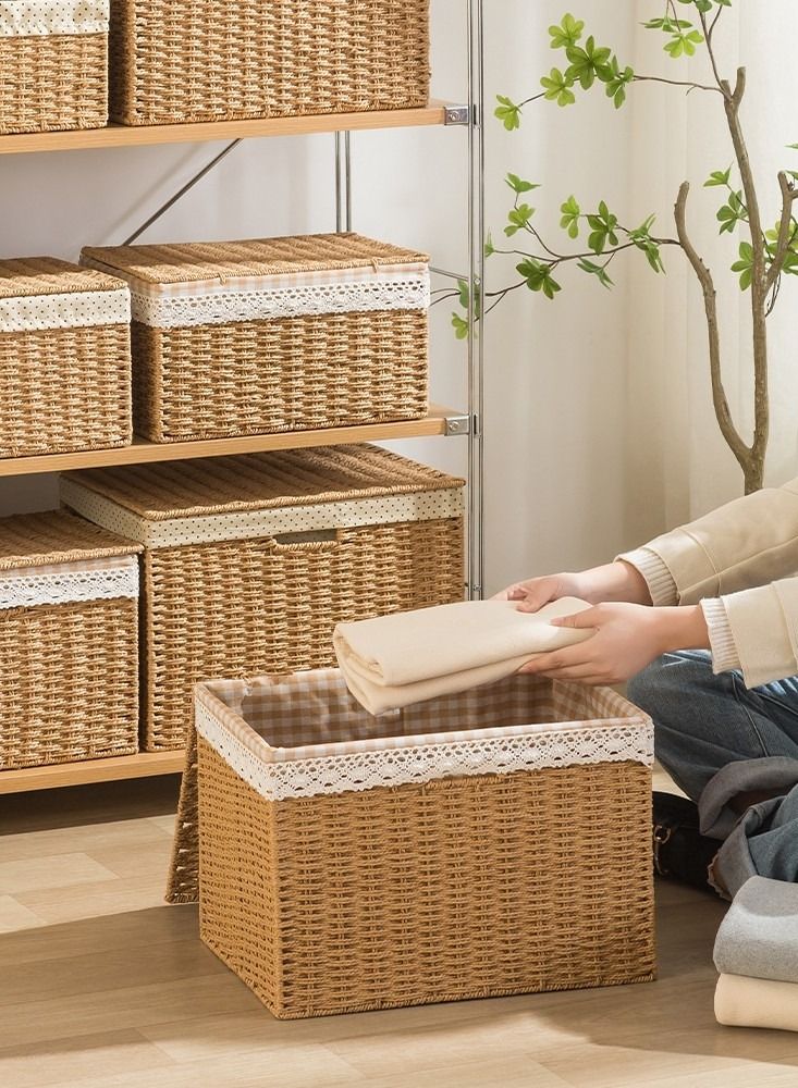 LINGWEI Set of 3 Woven Storage Basket Bin Wicker Hamper Stackable Box with Lid Container Organizer For Nursery Baby Toiletry Diaper Toys Home Closet Laundry DVD Books  - Image 2