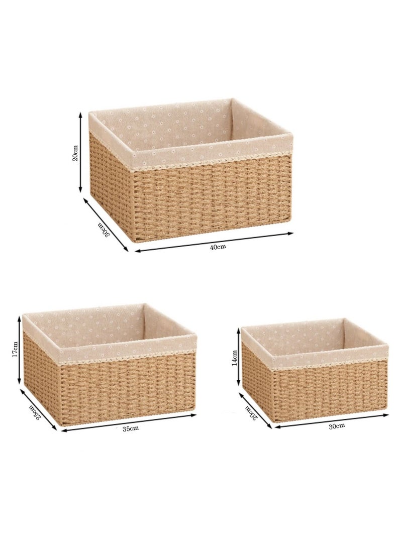 Set of 3 Woven Storage Basket Bin Wicker Hamper Stackable Box with Lid Container Organizer For Nursery Baby Toiletry Diaper Toys Home Closet Laundry DVD Books