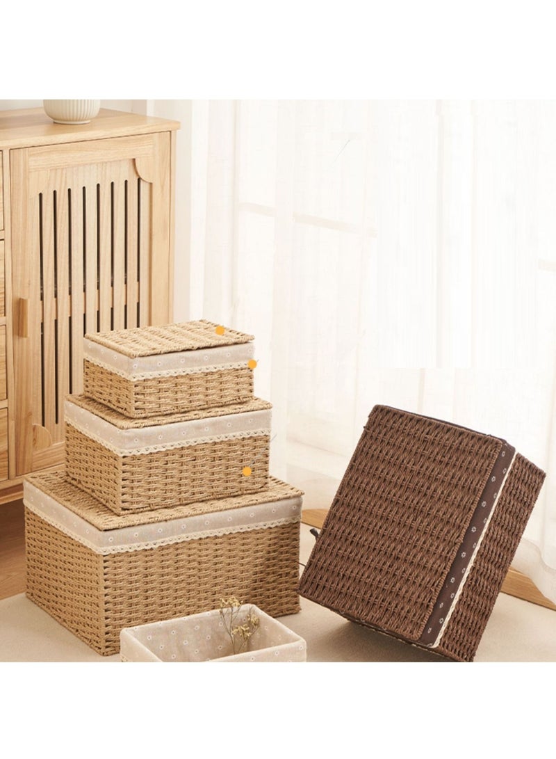 LINGWEI Set of 3 Woven Storage Basket Bin Wicker Hamper Stackable Box with Lid Container Organizer For Nursery Baby Toiletry Diaper Toys Home Closet Laundry DVD Books  - Image 3
