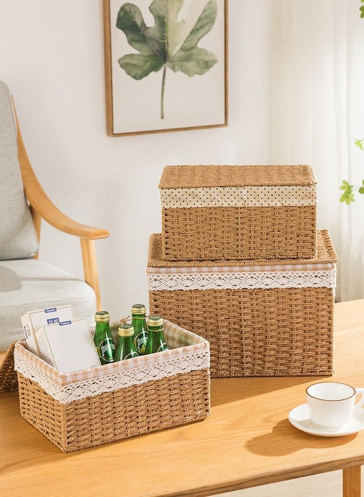 LINGWEI Set of 3 Woven Storage Basket Bin Wicker Hamper Stackable Box with Lid Container Organizer For Nursery Baby Toiletry Diaper Toys Home Closet Laundry DVD Books  - Image 1