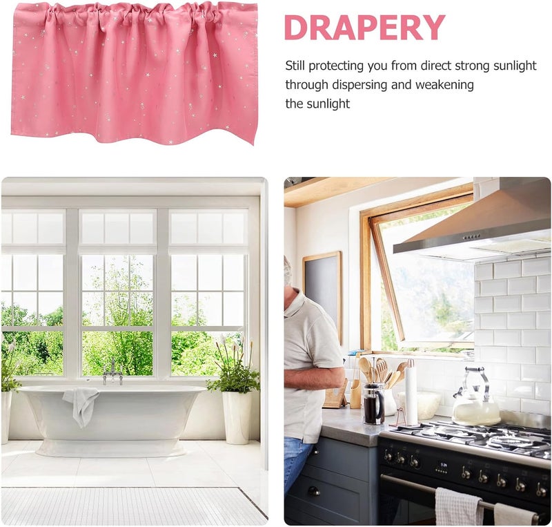 Cabilock Kitchen Window Curtain Valance 132x46cm Pink Polyester Short Star Pattern Rod Pocket Privacy Half Curtain for Dining Room and Kitchen - Image 3