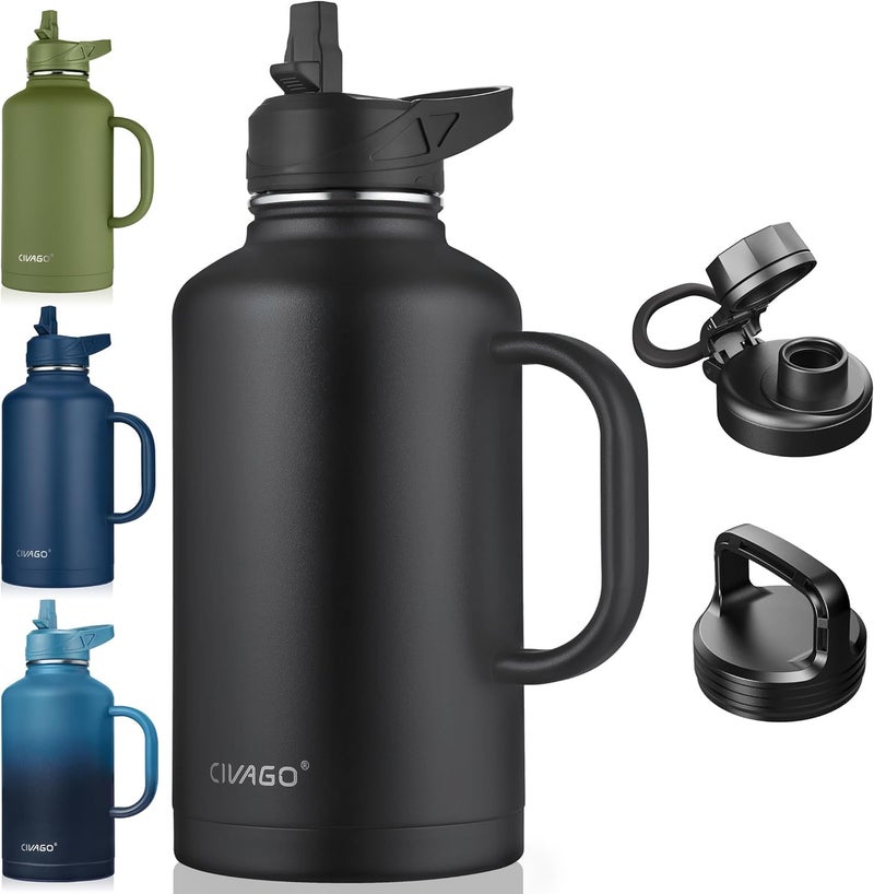 CIVAGO 64 oz Insulated Water Bottle Jug with Straw and Handle Half Gallon Stainless Steel Water Flask Large Sports Metal Water Bottle with Straw Lid 3 Lids Big Thermal Mug Cup Black