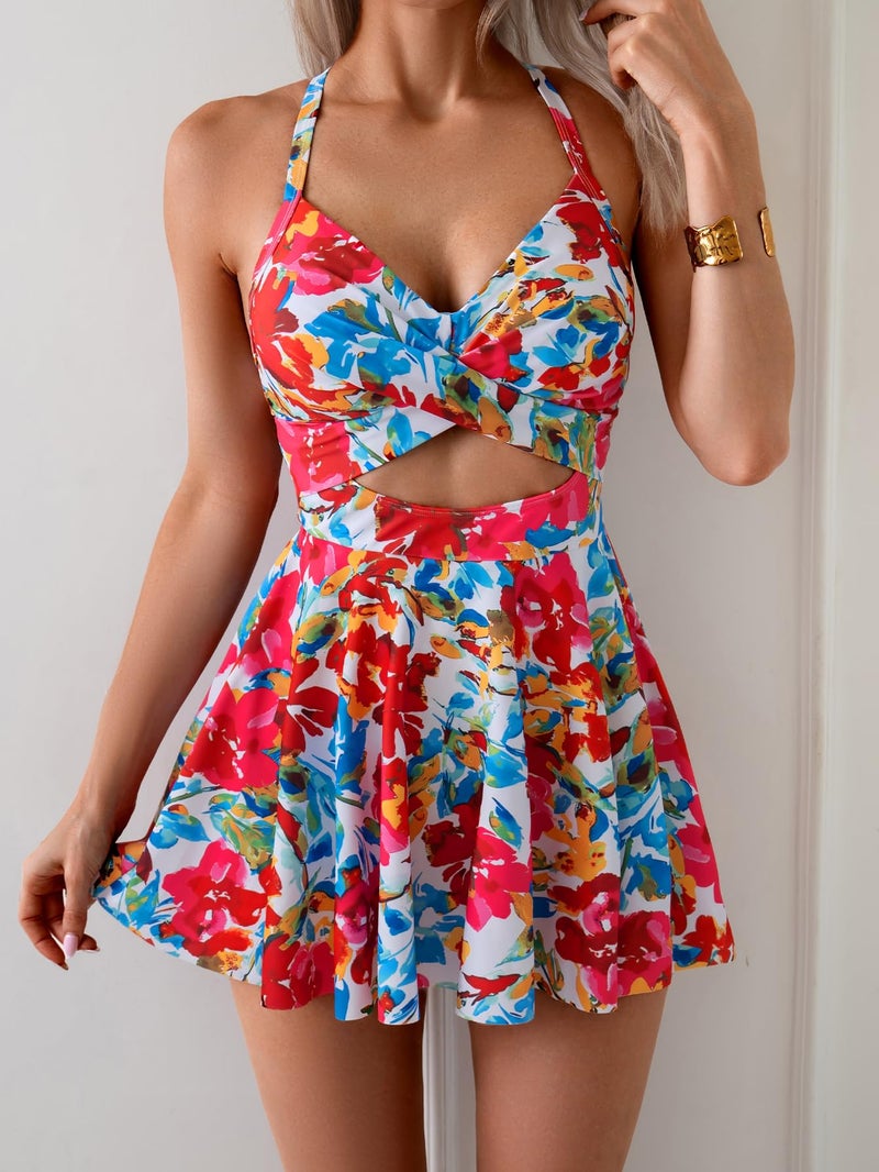 B2prity Women Cutout One Piece Skirt Swimsuit V Neck Wrap Tie Back Swimdress Tummy Control Bathing Suits - Image 4