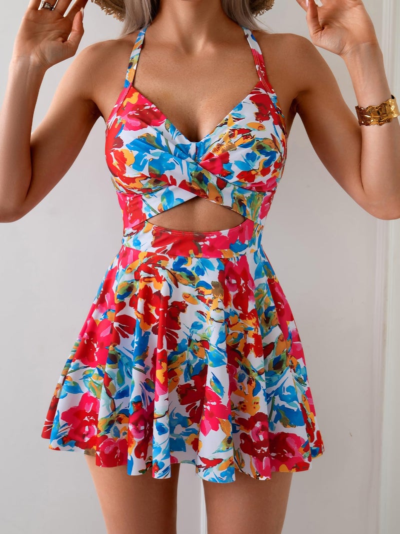 B2prity Women Cutout One Piece Skirt Swimsuit V Neck Wrap Tie Back Swimdress Tummy Control Bathing Suits - Image 5