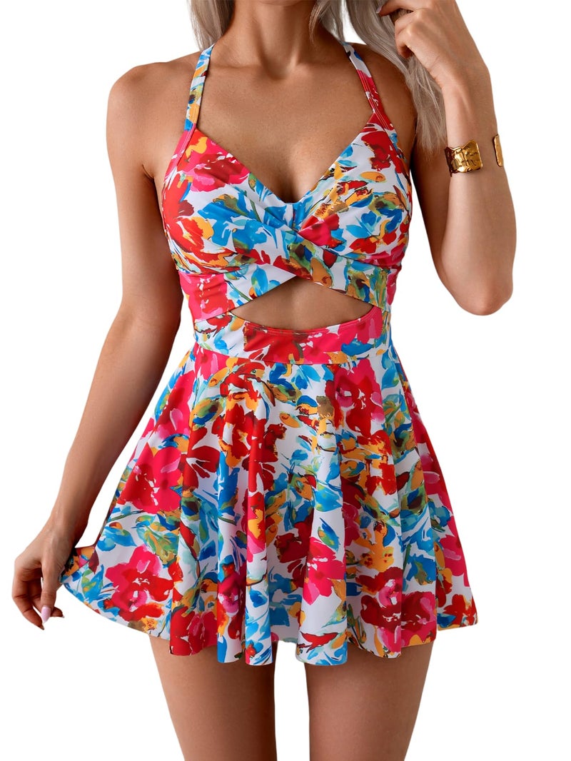 B2prity Women Cutout One Piece Skirt Swimsuit V Neck Wrap Tie Back Swimdress Tummy Control Bathing Suits - Image 1