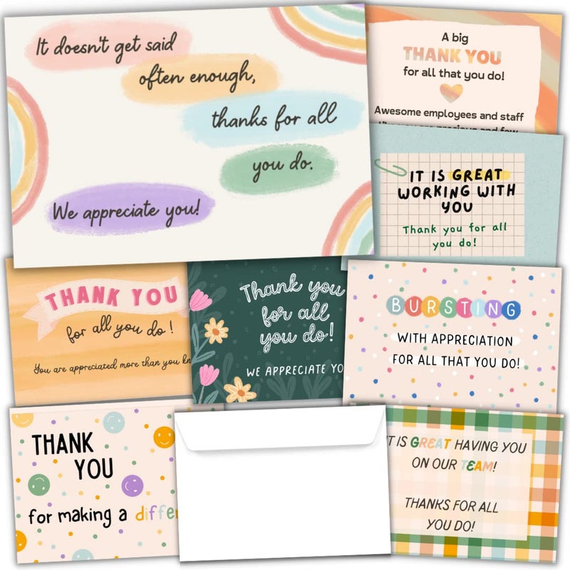 Hat Acrobat 24 Colorful Employee Appreciation Cards with Envelopes - 4 Unique Design Encouragement Cards with Envelopes - Use as Employee Appreciation Gifts or Teacher Thank You Cards for Coworkers - Envelopes - Image 1