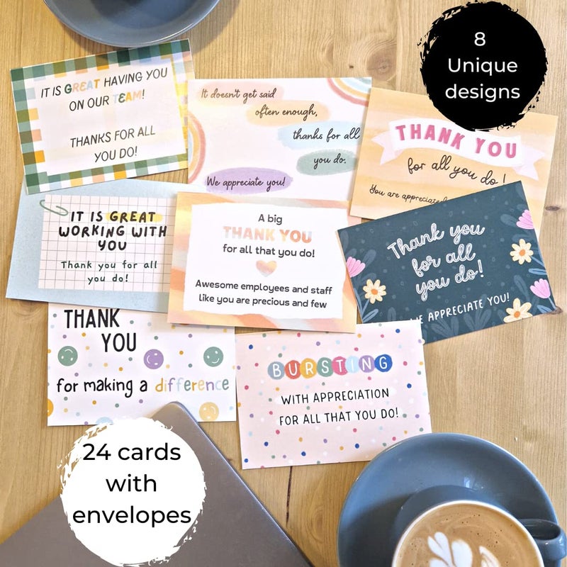 Hat Acrobat 24 Colorful Employee Appreciation Cards with Envelopes - 4 Unique Design Encouragement Cards with Envelopes - Use as Employee Appreciation Gifts or Teacher Thank You Cards for Coworkers - Envelopes - Image 2