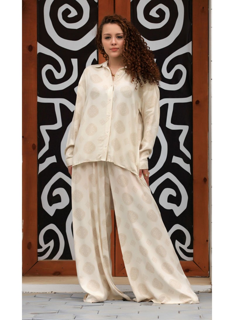 Ship Master Elegant Women's Two-Piece Set – Loose Shirt & Wide-Leg Pants with Subtle Patterns  - Image 1