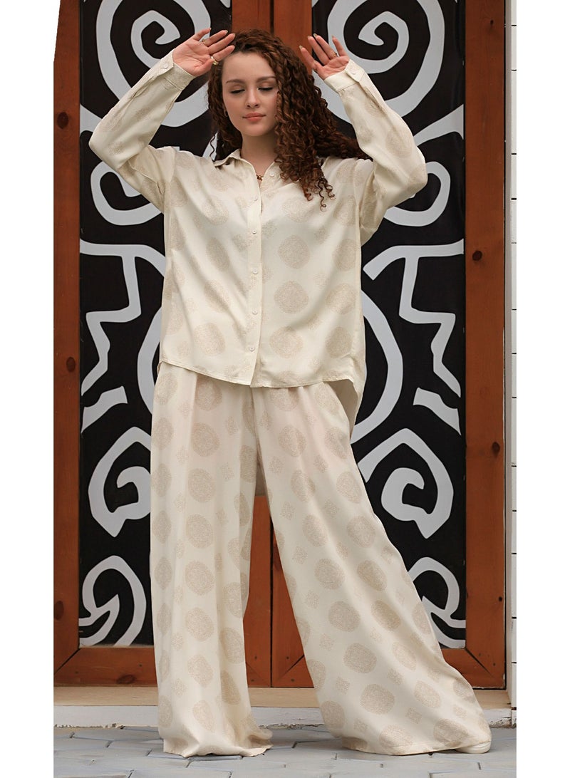 Ship Master Elegant Women's Two-Piece Set – Loose Shirt & Wide-Leg Pants with Subtle Patterns  - Image 3