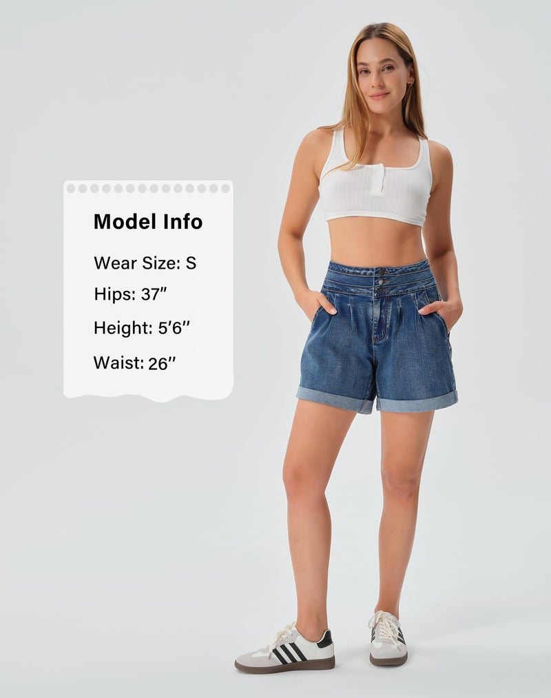 roswear Jean Shorts for Women Stretchy Wide Leg High Waisted Denim Shorts with Cuffed Hem Washed Blue Medium - Image 4