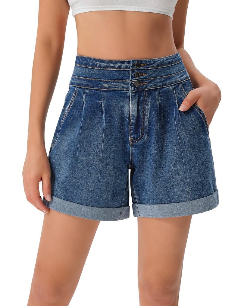 roswear Jean Shorts for Women Stretchy Wide Leg High Waisted Denim Shorts with Cuffed Hem Washed Blue Medium - Image 1