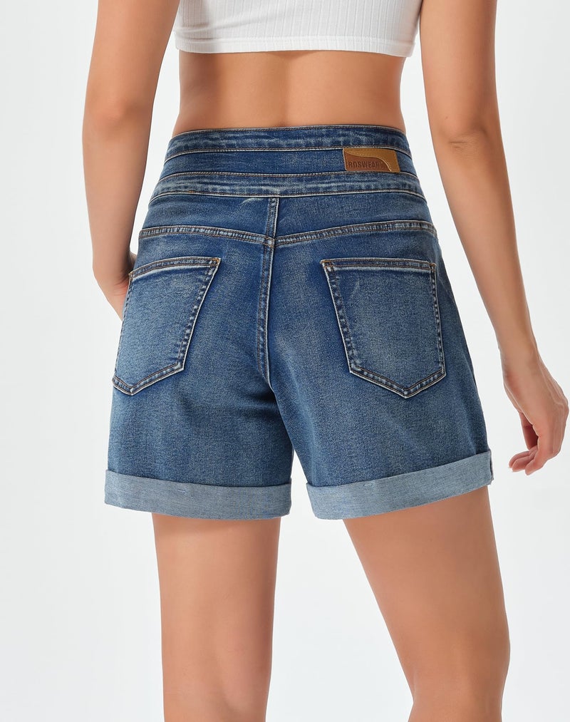 roswear Jean Shorts for Women Stretchy Wide Leg High Waisted Denim Shorts with Cuffed Hem Washed Blue Medium - Image 3