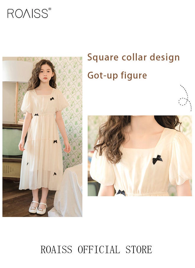 roaiss - Summer Elegant Big Kids Dresses for Girls Chiffon Bow Princess Casual Stylish Girls Dresses Kids Square Collar Puff Sleeve High Waist Dress Beige - Image 1