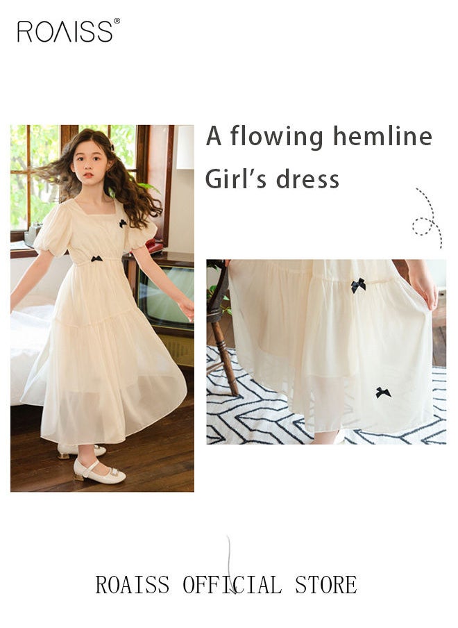 roaiss - Summer Elegant Big Kids Dresses for Girls Chiffon Bow Princess Casual Stylish Girls Dresses Kids Square Collar Puff Sleeve High Waist Dress Beige - Image 1