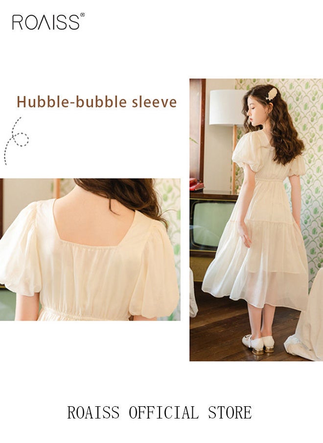 roaiss - Summer Elegant Big Kids Dresses for Girls Chiffon Bow Princess Casual Stylish Girls Dresses Kids Square Collar Puff Sleeve High Waist Dress Beige - Image 1