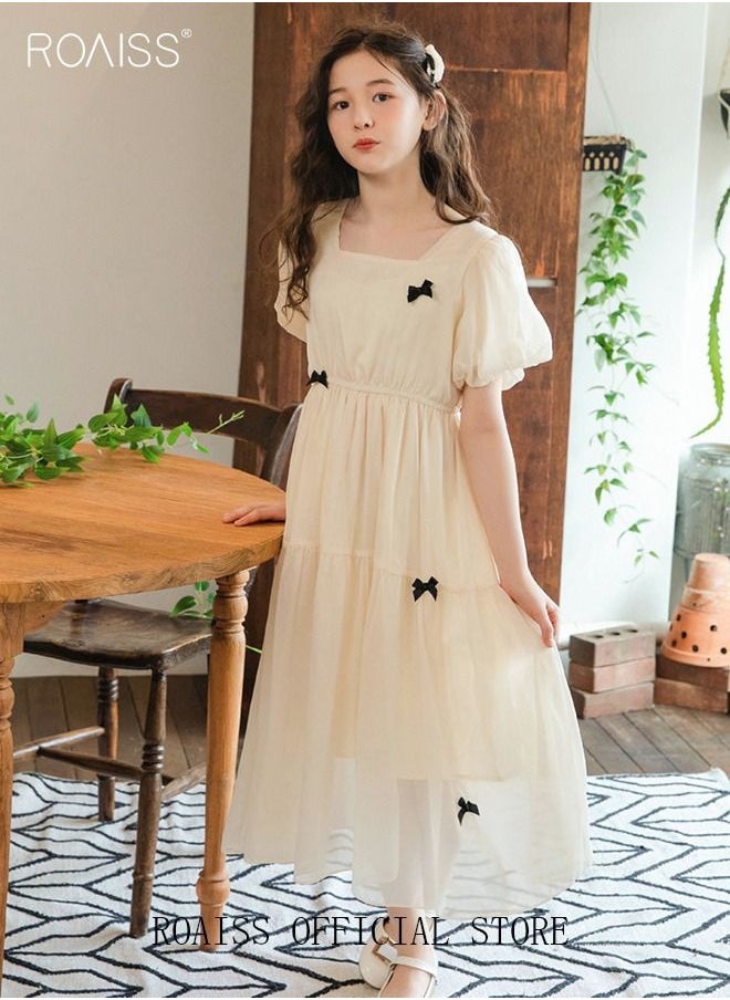 roaiss - Summer Elegant Big Kids Dresses for Girls Chiffon Bow Princess Casual Stylish Girls Dresses Kids Square Collar Puff Sleeve High Waist Dress Beige - Image 1