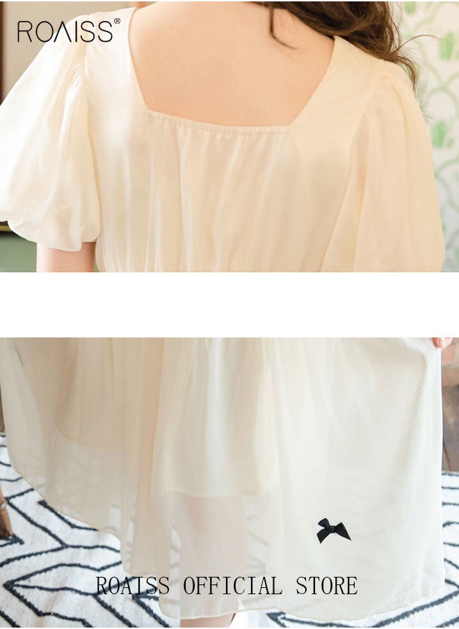 roaiss - Summer Elegant Big Kids Dresses for Girls Chiffon Bow Princess Casual Stylish Girls Dresses Kids Square Collar Puff Sleeve High Waist Dress Beige - Image 1