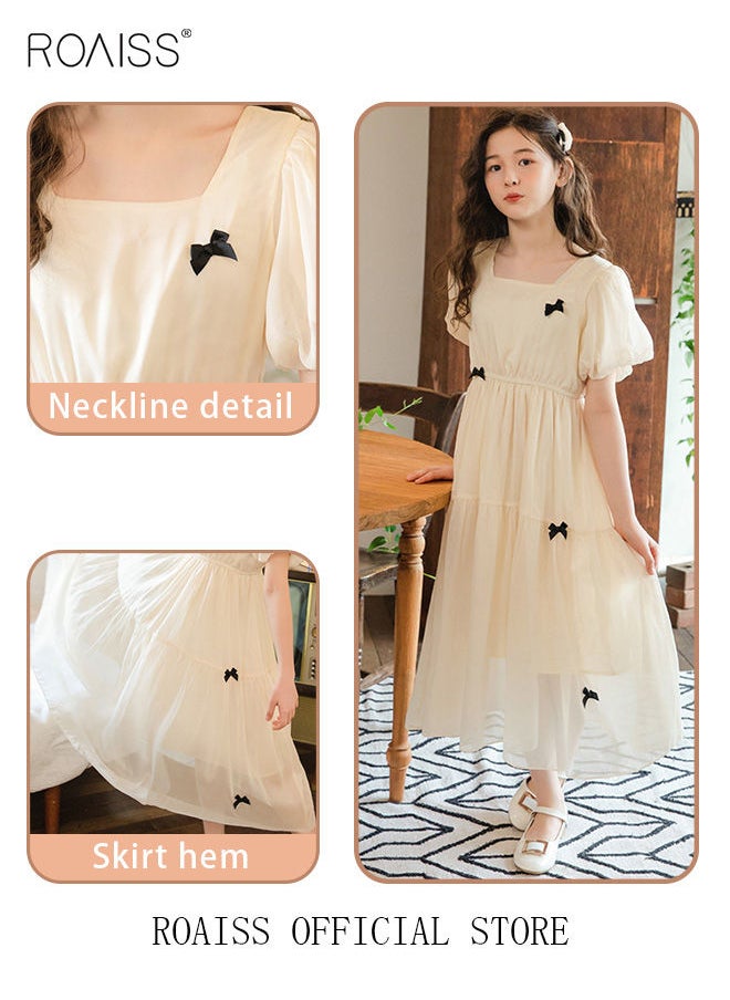roaiss - Summer Elegant Big Kids Dresses for Girls Chiffon Bow Princess Casual Stylish Girls Dresses Kids Square Collar Puff Sleeve High Waist Dress Beige - Image 1