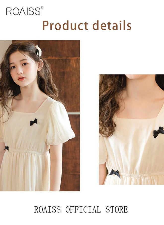 roaiss - Summer Elegant Big Kids Dresses for Girls Chiffon Bow Princess Casual Stylish Girls Dresses Kids Square Collar Puff Sleeve High Waist Dress Beige - Image 1