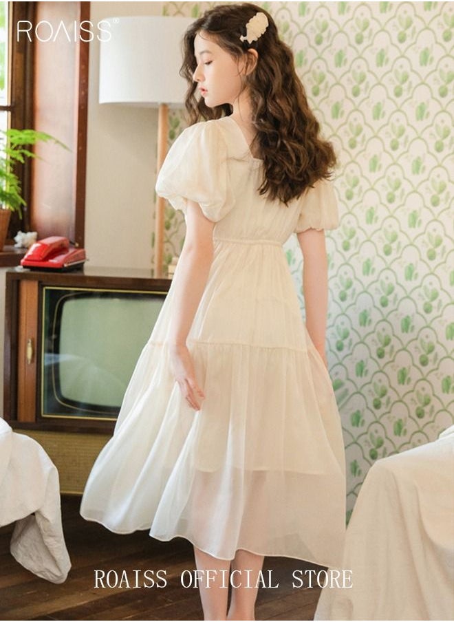 roaiss - Summer Elegant Big Kids Dresses for Girls Chiffon Bow Princess Casual Stylish Girls Dresses Kids Square Collar Puff Sleeve High Waist Dress Beige - Image 1