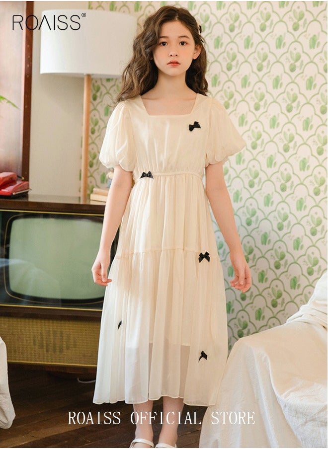 roaiss - Summer Elegant Big Kids Dresses for Girls Chiffon Bow Princess Casual Stylish Girls Dresses Kids Square Collar Puff Sleeve High Waist Dress Beige - Image 1