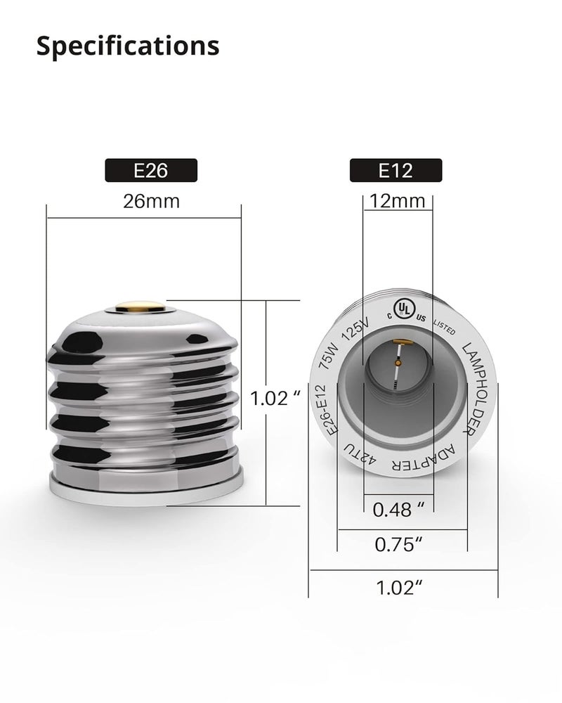 JACKYLED UL-Listed E26 to E12 Adapter, E27 to E12 Light Socket, Medium to Candelabra Screw Bulb Socket, Maximum Wattage 75W Heat Resistant No Fire Hazard, 6-Pack - Image 5