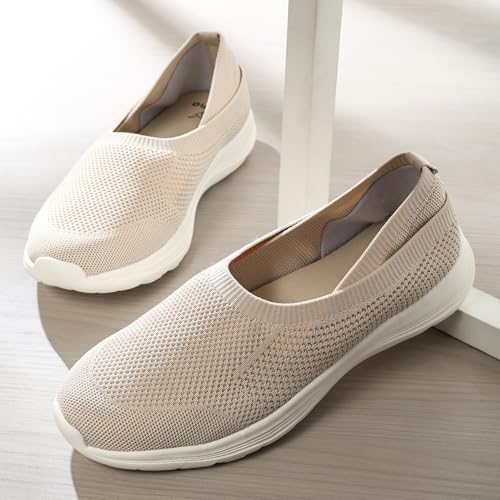 YOHO Knitted Slip-Ons for Women | Lightweight, Stylish & Casual Without Lace Sneakers for Woman | Extra Soft Insole & Shock Absorbing, Walking Loafer Shoes for Ladies SOS-114 | Beige - UK 6 - Image 2