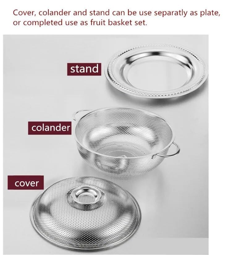 Onprix Multipurpose Stainless Steel Mesh Colander Strainer Drainer with Handle Tray and Lid for Rice Fruits Vegetable Noodles Pasta Beans Grains Washing Filter Basket - Image 3