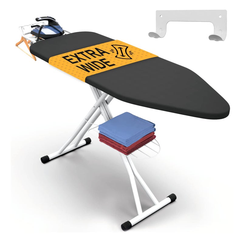 XABITAT طاولة كي الملابس كاملة الحجم Xabitat 57 × 18 مع حامل حائط هيكل معدني كامل طاولة كي مدمجة مع حاملة مكواة قماش مقاوم للاحتراق حامل سلك أقدام مضادة للانزلاق ثقيلة الوزن