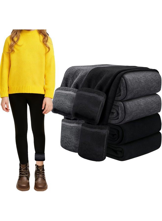 FEQO Girls Fleece Lined Leggings Thick Thermal Tights Full Length Pants Kids Winter Warm Leggings, Black, Dark Gray, 8-10 Years - Image 1