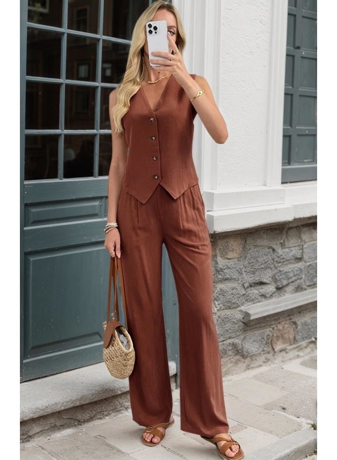 heipeiwa Women's 2 Piece Outfits Linen Vest Waistcoat Dressy Casual Sets Wide Leg Pants Suits, Rust, S - Image 2