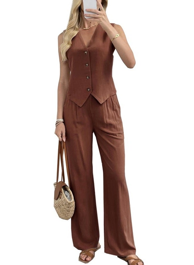heipeiwa Women's 2 Piece Outfits Linen Vest Waistcoat Dressy Casual Sets Wide Leg Pants Suits, Rust, S - Image 1
