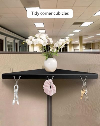 FEYRUN Metal Cubicle Corner Shelf with 3 Hooks for Office Fabric Walls Hanging Organizer Shelves for Keys and Office Supplies Space Saving Black Storage Shelf 1 Pack - Image 3