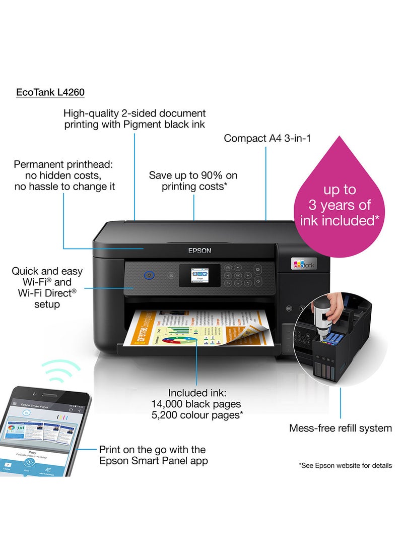 EPSON Ecotank L4260 Home Ink Tank Printer Double-Sided A4 Colour 3-In-1 With Wi-Fi Direct, Smart Panel Connectivity And Lcd Screen Black - Image 3
