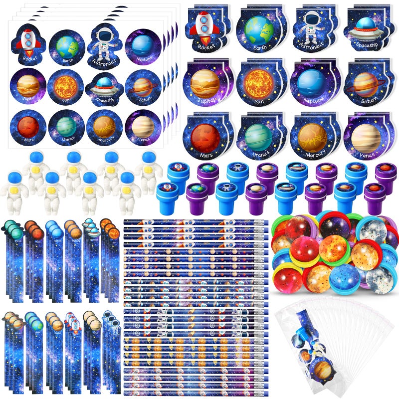 Cholemy 192 Pcs Space Party Favors Space Theme Supplies Outer Astronaut Stationery Set Notebook Bouncy Ball Sticker Stamper Eraser Ruler Pencil Bag for Galaxy Birthday Gift Classroom Prize - Image 2