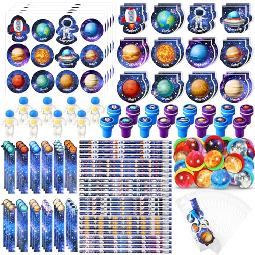 Cholemy 192 Pcs Space Party Favors Space Theme Supplies Outer Astronaut Stationery Set Notebook Bouncy Ball Sticker Stamper Eraser Ruler Pencil Bag for Galaxy Birthday Gift Classroom Prize - Image 1