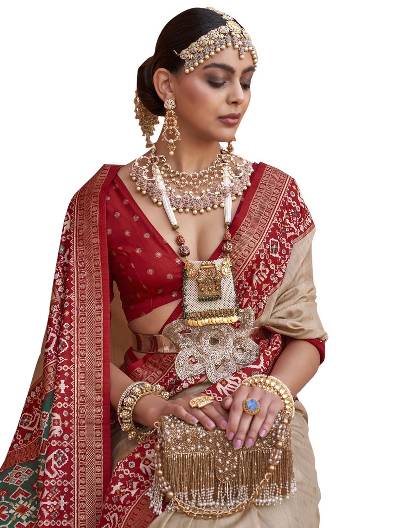 SAREE MALL Woven Design Zari Work Pure Patola Silk Saree For Women With Unstitched Blouse Piece, Cream - Image 1