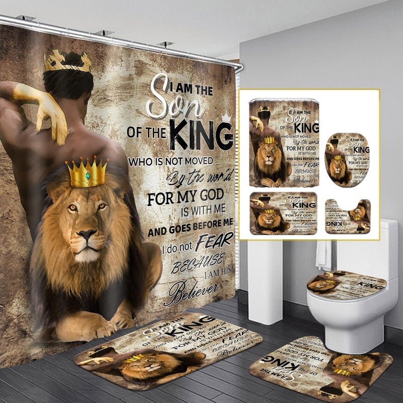 Omebero 4 Pcs Lion King Shower Curtain Set  Inspirational Quote Black Man Bathroom Shower Curtains And Rugs Toilet Lid Cover Bath Mat  Valentine'S Day Waterproof Africa American Shower Curtain For Man - Image 1